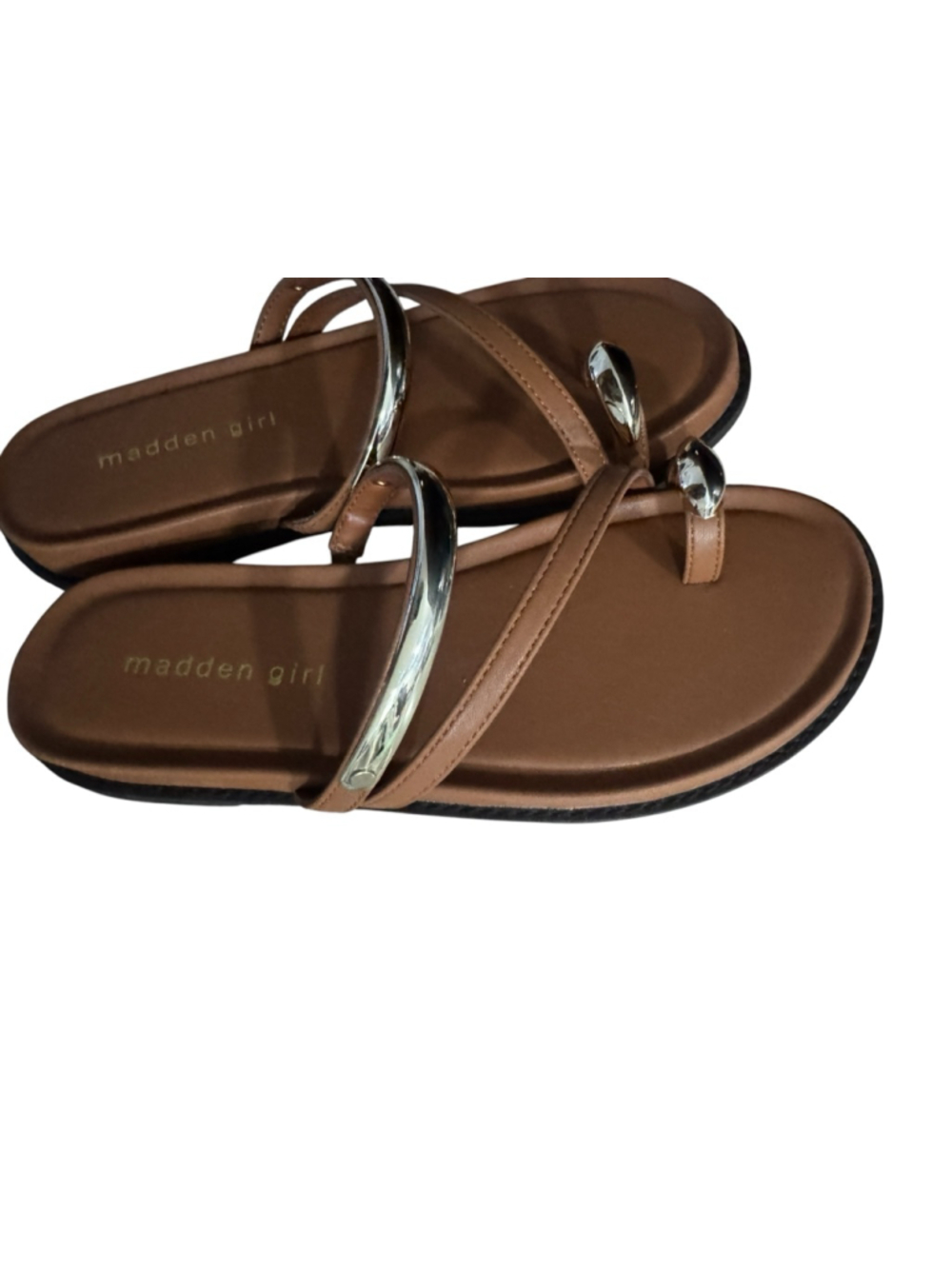 New Madden Girl Brown & Gold Flat Sandals Size 7, toe ring, straps - Picture 4 of 9